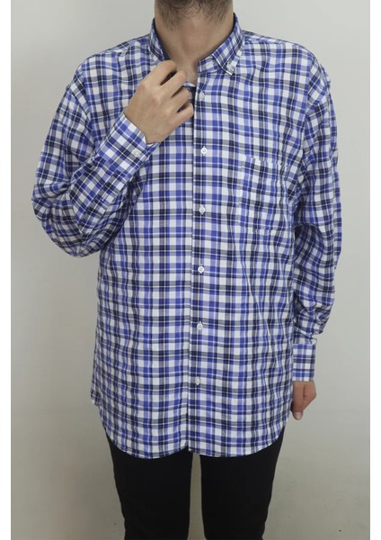 Erkek Ekose Kareli Rahat Kalıp Tek Cepli Uzun Kollu Yazlık Battal Gömlek