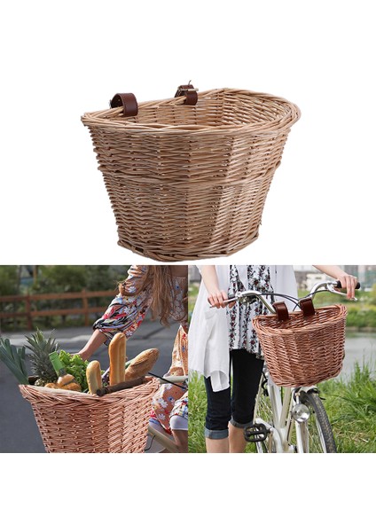 Sepeti Vintage Hasır Sepet Taşınabilir D Şekilli Sebze Sepeti Dağ Bisikletleri Için Ön Sepet Deri Kayışlar (Yurt Dışından)