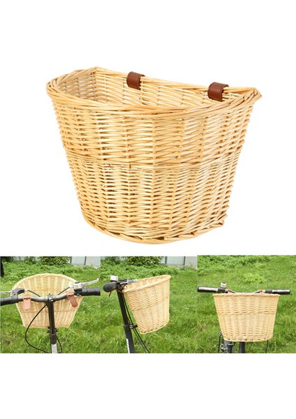 Sepeti Vintage Hasır Sepet Taşınabilir D Şekilli Sebze Sepeti Dağ Bisikletleri Için Ön Sepet Deri Kayışlar (Yurt Dışından)