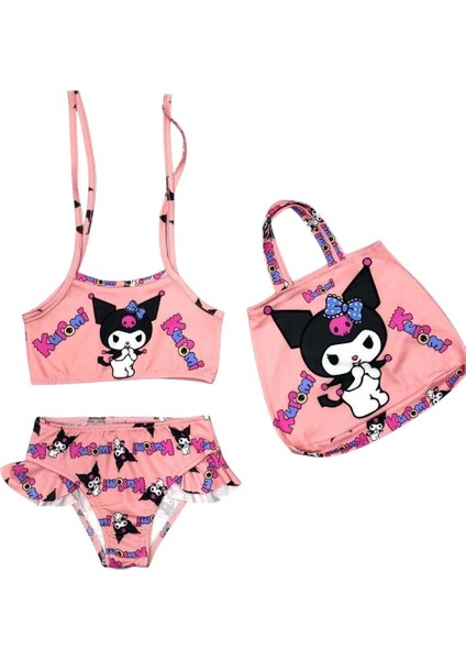 Kız Çocuk Pudra Renk Kuromi Desenli Çantalı Mayo Seti