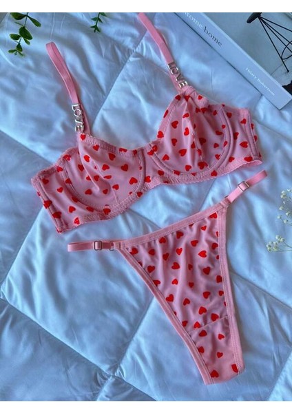 Pembe Kalpli Love Detaylı Desteksiz Balenli Sütyen Tanga Takım modelleri