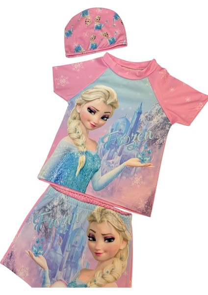 Kız Çocuk Pembe Renk Karlar Ülkesi Desenli T-Shirt Şort ve Boneli Mayo Seti