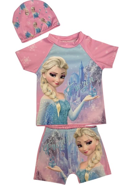 Kız Çocuk Pembe Renk Karlar Ülkesi Desenli T-Shirt Şort ve Boneli Mayo Seti fiyatları