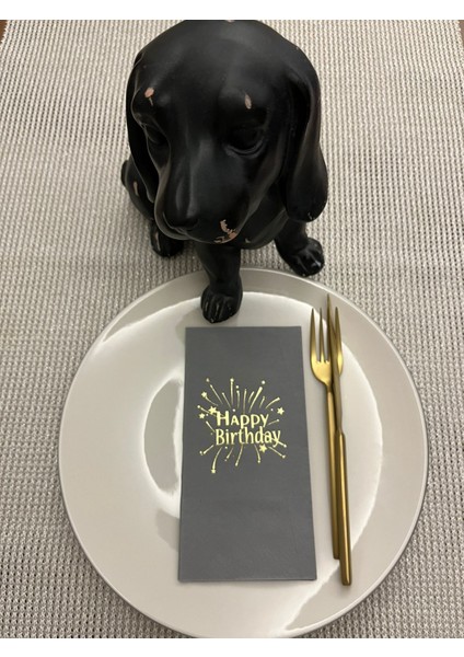 Gold Yaldızlı Gri Happy Bırthday Garson Katlama Peçete 16 Adet
