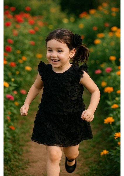 Kız Çocuk 3 Boyutlu Gül Detaylı Şortlu Takım Özel Tasarım