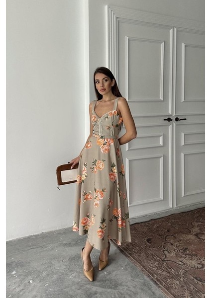 Haki Ince Kemer Detaylı Elbise