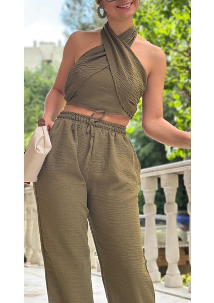 Kadın Haki Boyundan Bağlamalı Takım