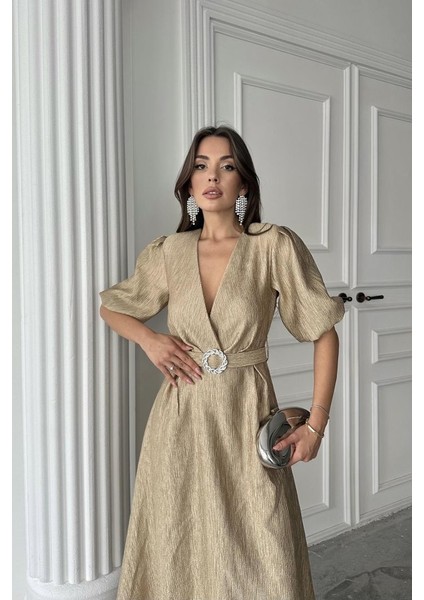 Miracotton Gold Işıltılı Kemerli Kruvaze Elbise modelleri