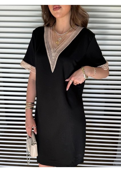 Kadın V Yaka Güpürlü Iki Iplik Elbise fiyatları