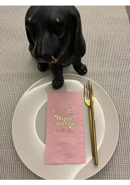 Gold Yaldızlı Pembe Happy Bırthday Garson Katlama Peçete 16 Adet