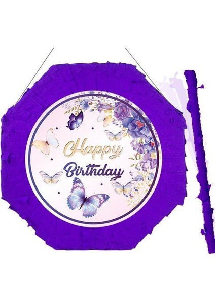 Kelebek Desenli Pinyata Mor renkli Happy Birthday yazılı Sopalı 42 cm Doğum Günü Eğlencesi ve Parti Oyunu