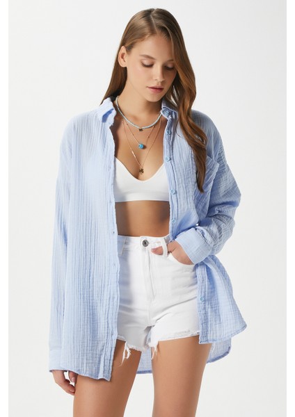 Kadın Tilda %100 Pamuk Müslin Oversize Mavi Gömlek