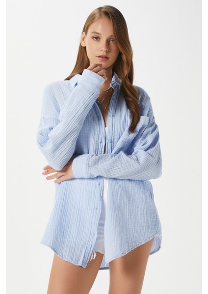Kadın Tilda %100 Pamuk Müslin Oversize Mavi Gömlek