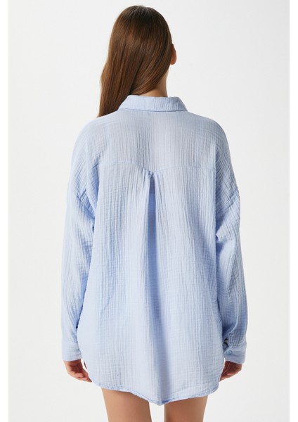 Kadın Tilda %100 Pamuk Müslin Oversize Mavi Gömlek