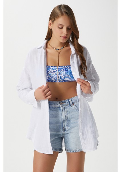 Kadın Tilda %100 Pamuk Müslin Oversize Beyaz Gömlek
