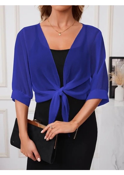 Aknbutik Kadın Truvakar Kol Önden Bağlamalı Kısa Şifon Bolero Ceket
