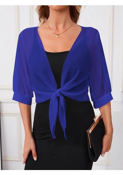 Aknbutik Kadın Truvakar Kol Önden Bağlamalı Kısa Şifon Bolero Ceket