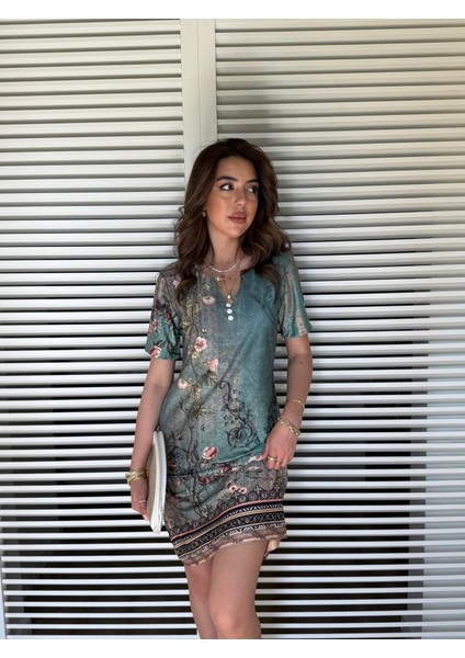 Kadın Kısa Kollu V Yakalı Çiçek Baskılı Midi Süprem Elbise fiyatları