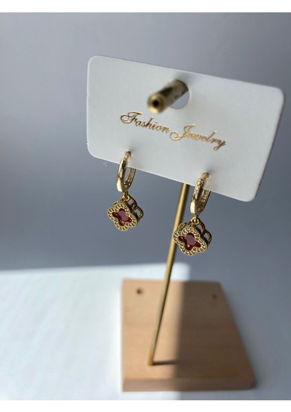 Bordo Renkli Yonca Zirkon Taşlı Küpe