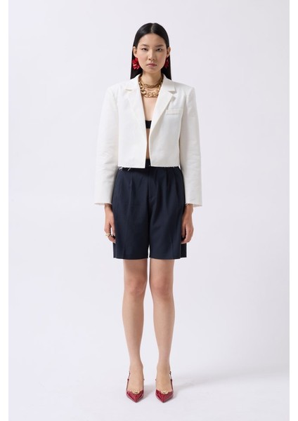 Crop Keten Blazer Ceket