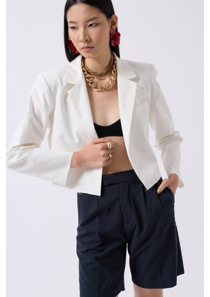 Crop Keten Blazer Ceket