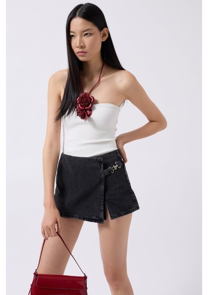 Kemer Detay Denim Şort Etek