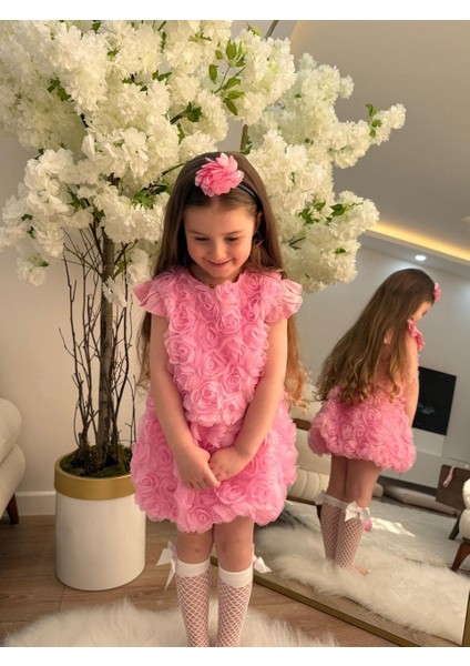 Kız Çocuk 2li 3 Boyutlu Gül Detaylı Özel Tasarım Takım