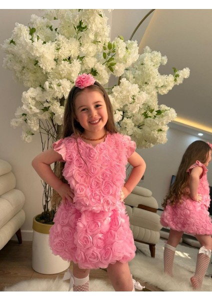 Kız Çocuk 2li 3 Boyutlu Gül Detaylı Özel Tasarım Takım