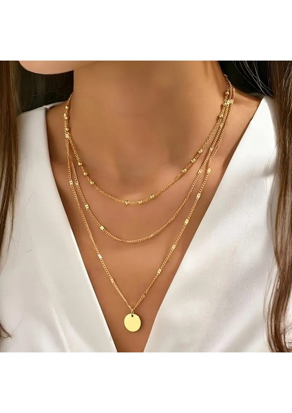 Rose Renk Üçlü Top Zincir Kolye , Madalyon -Sıralı Bayan Kolye