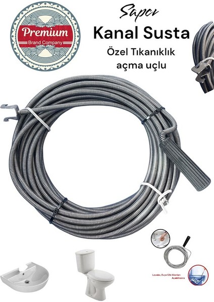 Premium 10 Metre Tıkanıklık Açma Klozet Gider Açıcı Boru Temizleme Özel Uçlu Spiral Kanal Susta