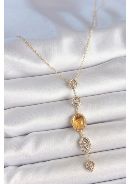 Pirinç Zincir Kehribar Sarı Gold Renk Zirkon Taşlı Y Kolye