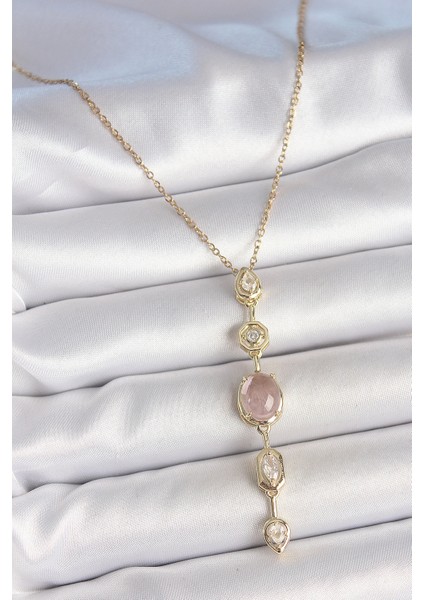 316L Çelik Zincir Gold Renk Pembe Zirkon Taşlı Y Kolye