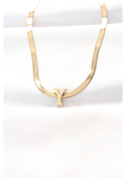 316L Çelik Y Harfli Gold Renk Italyan Zincirli Kolye