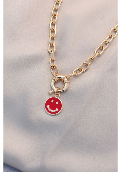 Yeni Sezon Kırmızı Renk Smile Model Retro Gold Metal Kolye