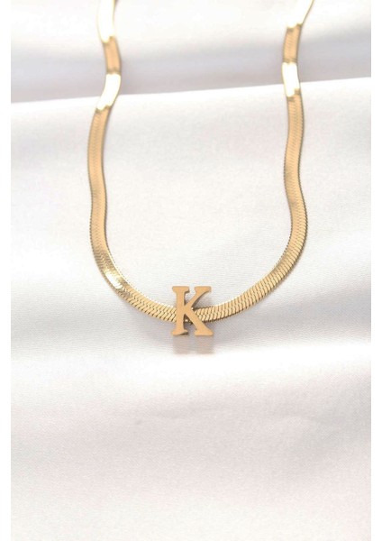 316L Çelik K Harfli Gold Renk Italyan Zincirli Kolye