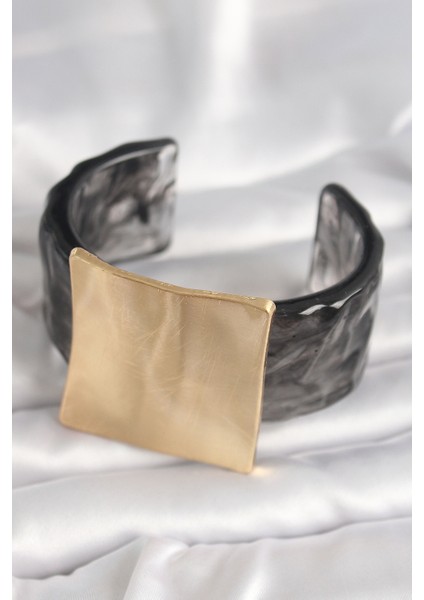 Siyah Mermer Desen Akrilik Plastik Gold Kare Plaka Model Vintage Kadın Bilezik