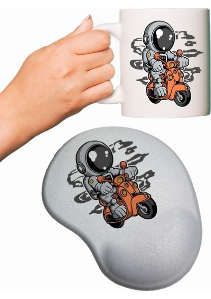 Shop Motorlu Astronot Baskılı Bilek Destekli Mouse Pad + Kupa Bardak Mug
