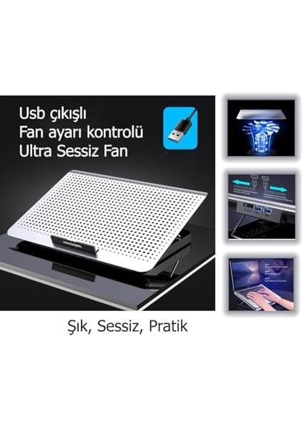 Icecoorel Alimünyum Hız Ayarlı Notebook Soğutucu 17INÇ / 7 Seviye Stand Ergonomik Stand/çift USB