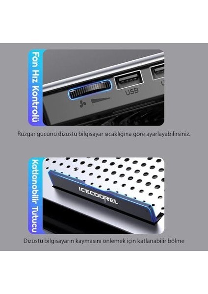 Icecoorel Alimünyum Hız Ayarlı Notebook Soğutucu 17INÇ / 7 Seviye Stand Ergonomik Stand/çift USB