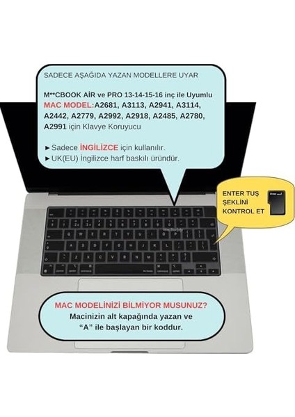 Macbook Kılıf M1-M2-M3-M4 Air Pro Klavye Koruyucu Ingilizce Baskılı (Uk-Eu) Touchıd'li A2681 A2941 A2442 A2485 ile Uyumlu Siyah