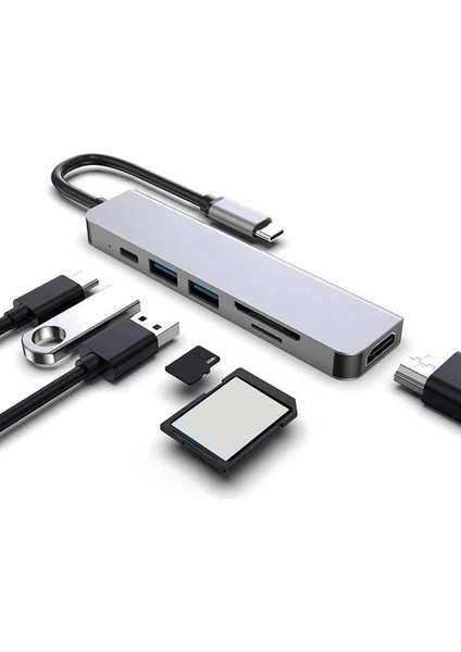 Macbook Pro Huawei Dell ile Uyumlu Type C To 4K HDMI + USB 3.0 + Sd/tf + Pd + Type-C, Taşınabilir 7in1 Adaptör