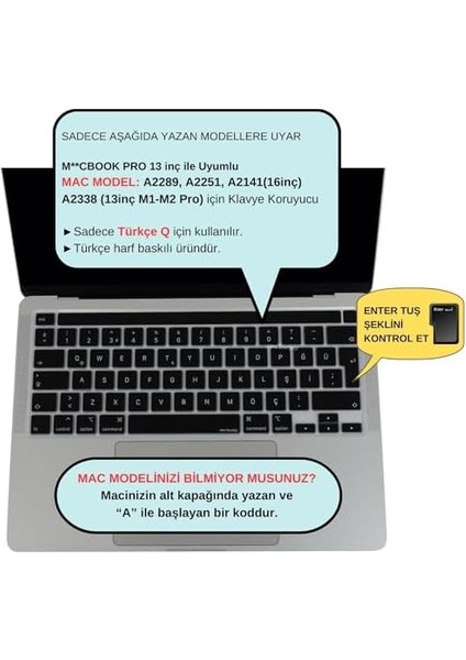 Macbook Pro Klavye Koruyucu 13INÇ M1-M2 (Türkçe Q) Touchbarlı A2251 A2289 A2338 A2141 ile Uyumlu Siyah