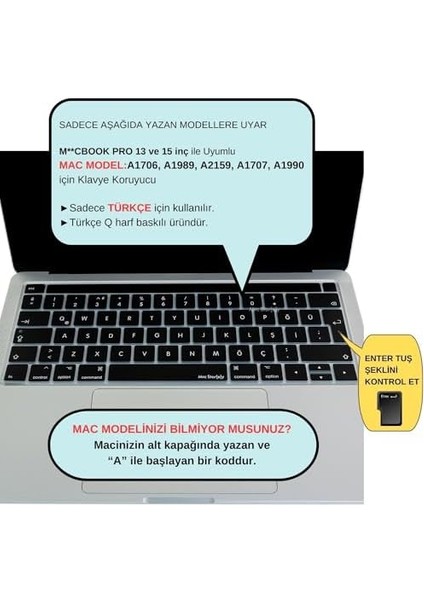 Macbook Pro Klavye Koruyucu (Türkçe Q) Touchbar'lı A1706 A1989 A2159 A1707 A1990 ile Uyumlu Siyah