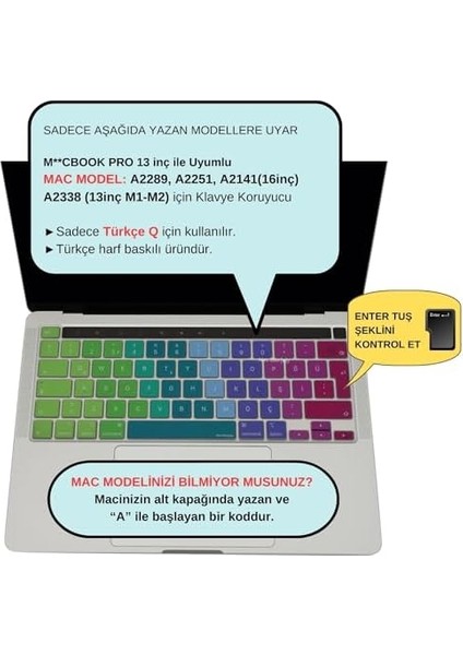 Macbook Pro M1-M2 13INÇ Klavye Koruyucu Türkçe Q (Touchbarlı) A2338 A2289 A2251 A2141 ile Uyumlu Dazzle Pembe Yeşil