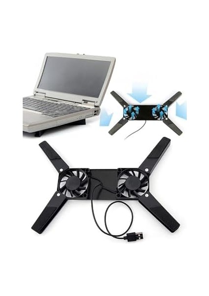 Ultra Küçük Katlanabilir Dizüstü Bilgisayar Soğutucu, Şık Tasarım, 2 Fan, USB Bağlantılı, Siyah Plastik Ayaklar