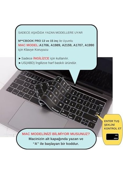 Macbook Pro Klavye Koruyucu (Us-Abd Ingilizce) Touchbarlı A1706 A1989 A2159 A1707 A1990 ile Uyumlu Siyah