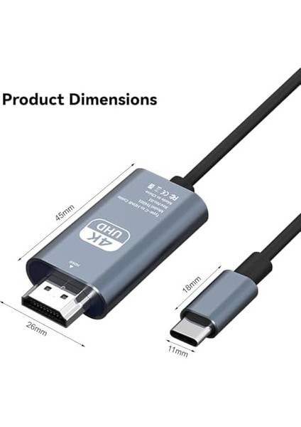 HDMI Çevirici USB C HDMI 4K 60Hz Hdmı, 200CM USB C HDMI Adaptör USB C HDMI Uyumlu Thunderbolt Type-C To HDMI 2 Metre Kablo Uzunluğu ZR854
