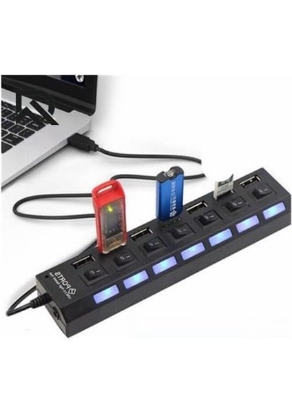Port USB Hub Çoklayıcı Çoğaltıcı Onoff Düğmeli Işıklı Adaptörlü