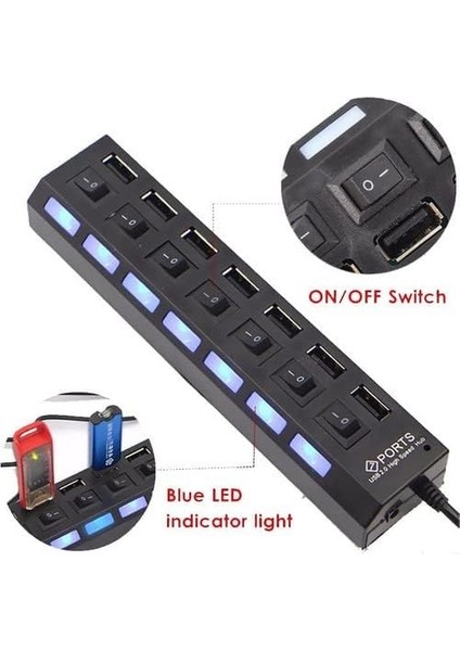 Port USB Hub Çoklayıcı Çoğaltıcı Onoff Düğmeli Işıklı Adaptörlü