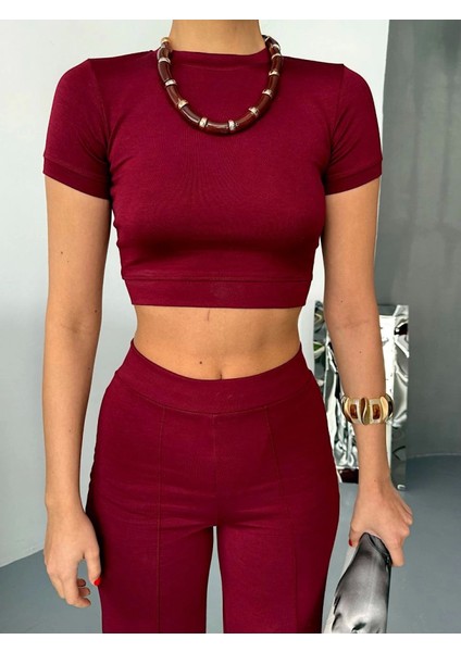 Osy Modal Yumuşak Dokulu Kumaş Kısa Kollu Crop Alt Ispanyol Paça Pantalon Ikili Takım - Bordo
